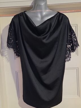 Black Lace-Sleeve Cowl-Neck Women's Blouse